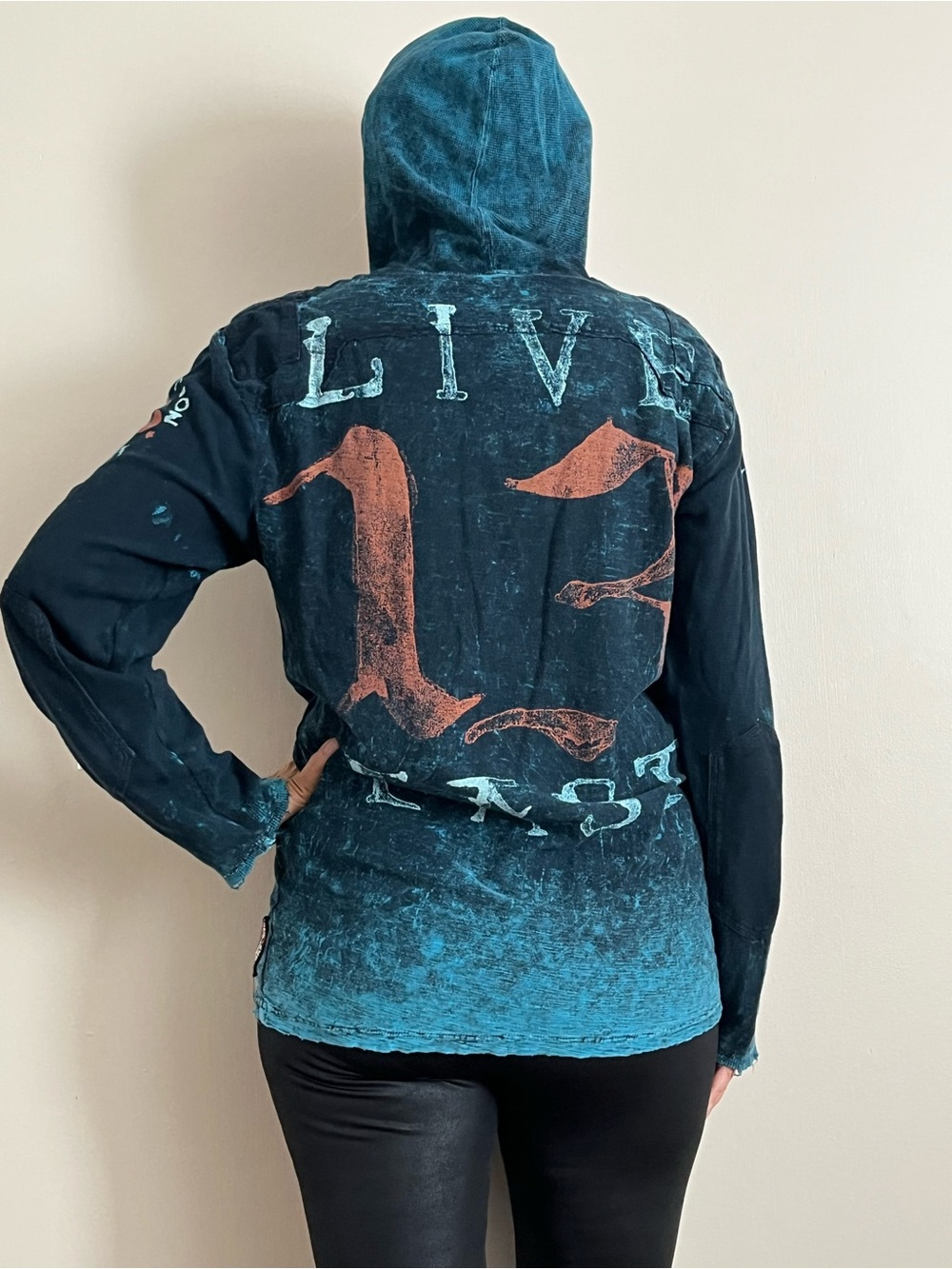 Affliction Women's Teal and Black Distressed Hoodie Sweatshirt - Picture 3 of 7